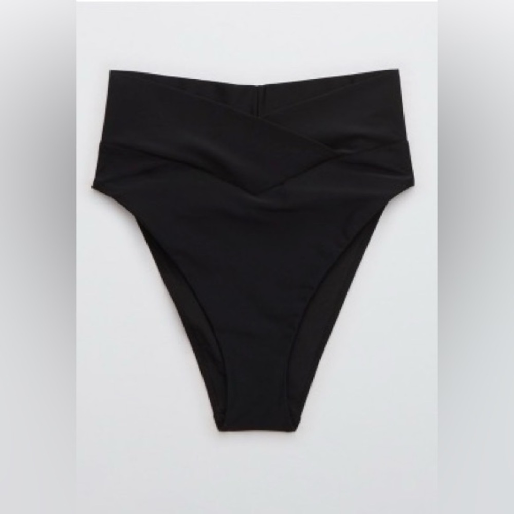 Aerie Crossover High Cut Cheeky Bikini Bottoms in True Black